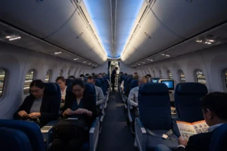 Cabine de avião com luzes reduzidas antes da decolagem durante voo noturno