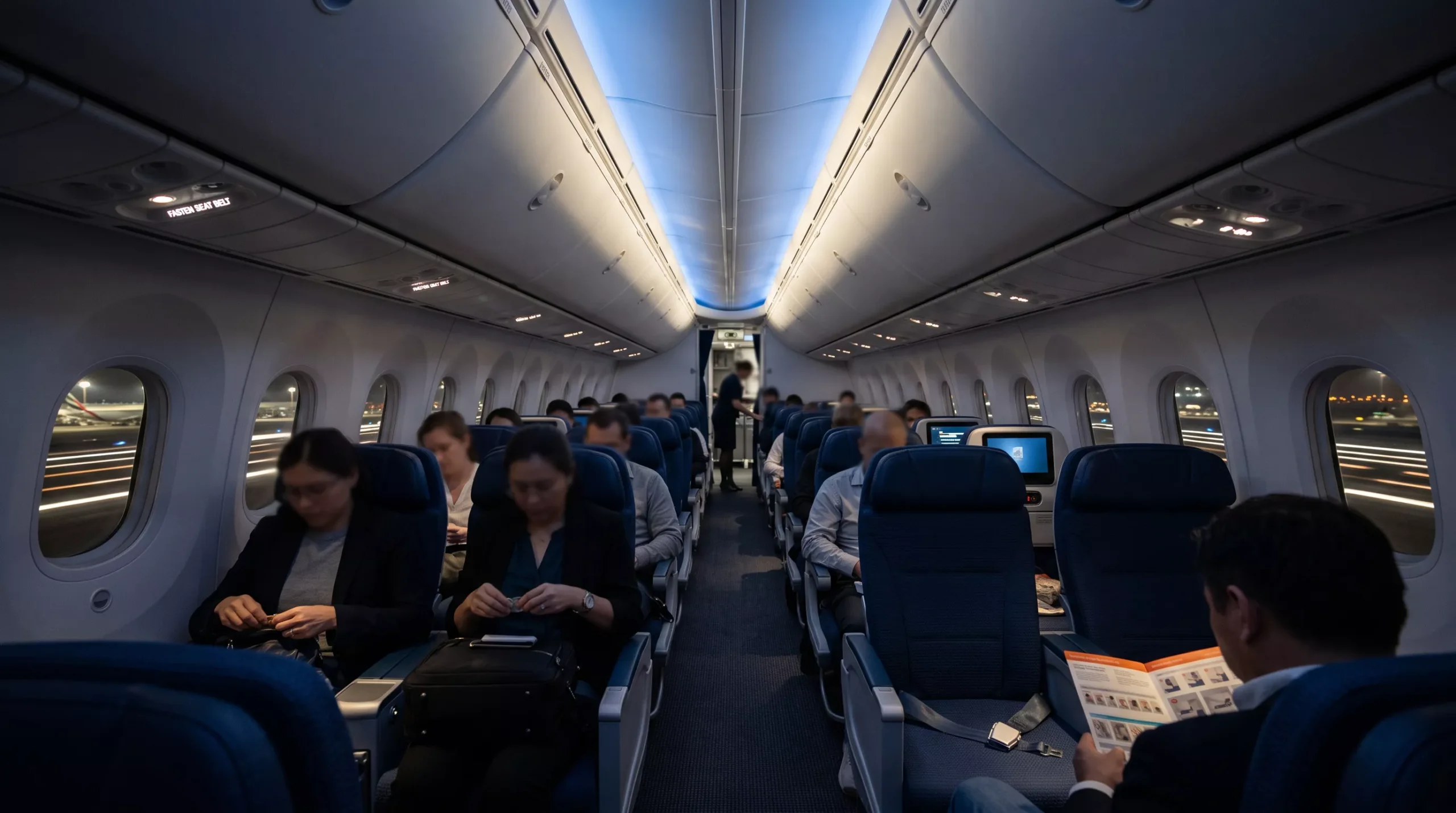 Cabine de avião com luzes reduzidas antes da decolagem durante voo noturno